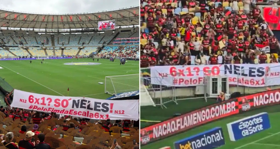 Torcida do Flamengo pede o fim da escala 6×1 em jogo contra o Vasco