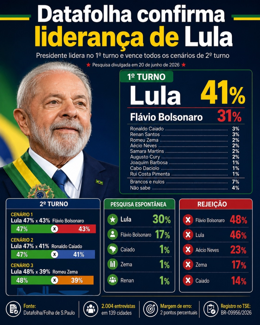 DATAFOLHA CONFIRMA LIDERANÇA DE LULA NO PRIMEIRO E SEGUNDO TURNO DA ELEIÇÃO/2026