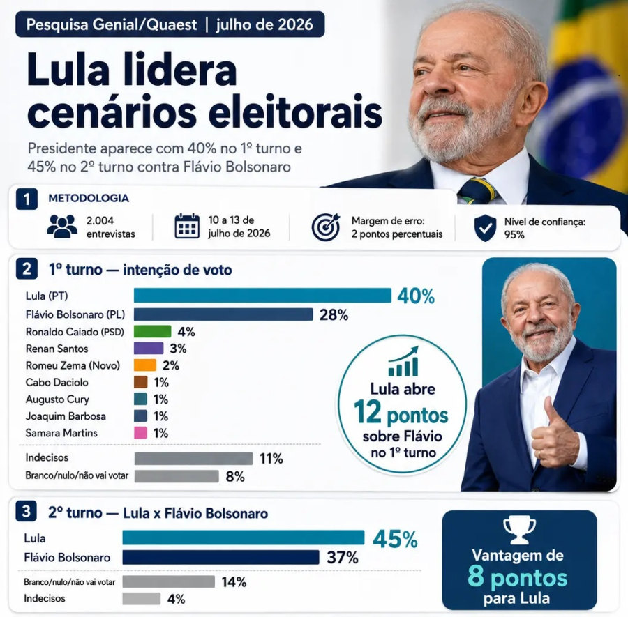 LULA AMPLIA VANTAGEM SOBRE FLÁVIO: diferença de 12% no primeiro turno e 8% no segundo