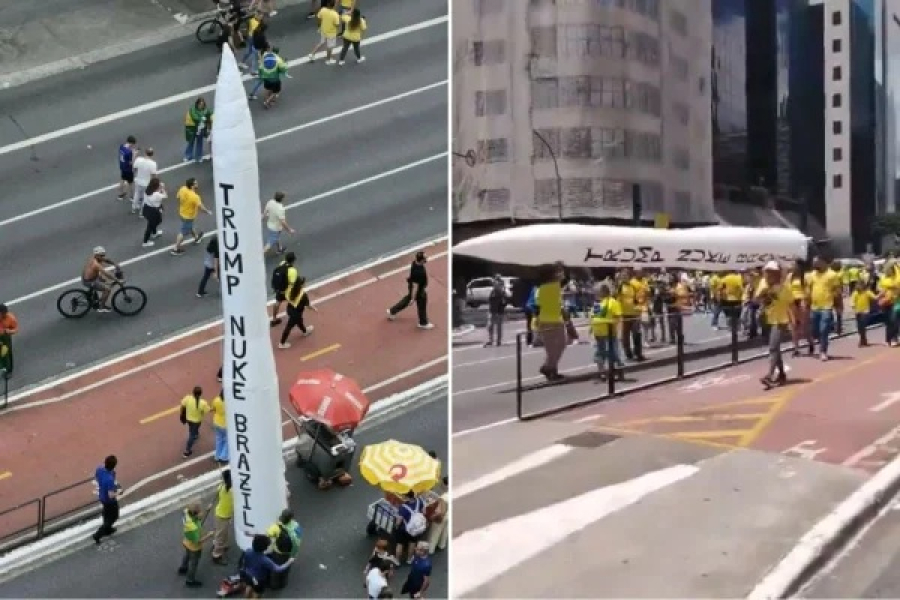 Em ato na Paulista, apoiadores de Flávio Bolsonaro pedem que Trump ataque o Brasil com bomba nuclear
